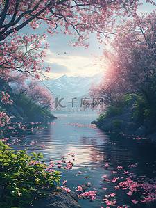 春天美丽的桃花林湖泊背景素材