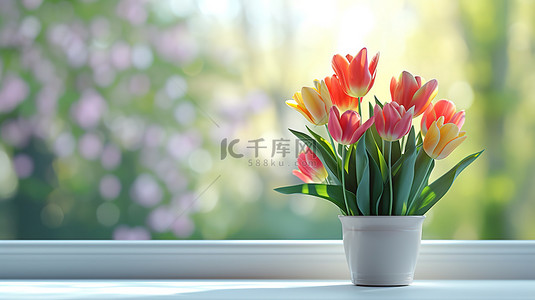 静物窗台背景图片_白色窗台春天郁金香盆栽背景素材