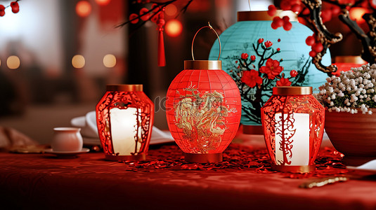 春节遇上情人节背景图片_桌子上的红色灯笼新年背景图