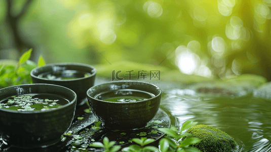 茶杯茶具背景图片_绿色场景阳光下中式茶杯喝茶的背景图4