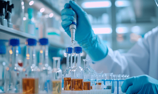 银光液体摄影照片_医学科学家和化学家在实验室使用吸管或滴管液体样品