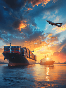 出口全球摄影照片_黄昏的天空物流国际集装箱船舶货物货机