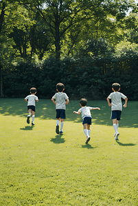 春天草地上奔跑的孩子摄影图