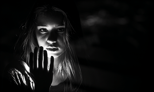 畏光摄影照片_在黑暗中的女性伸手挡在前面