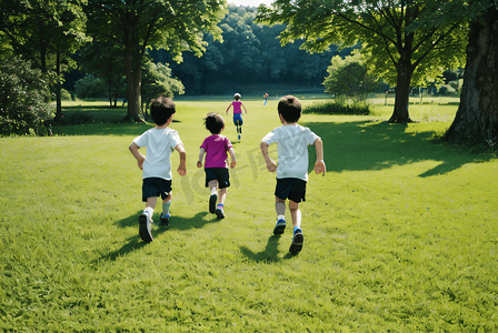 草地上奔跑的孩子摄影图