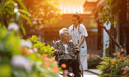 慈祥的外国老人摄影照片_女护工照顾行动不便的老人