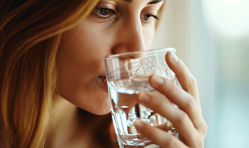 女性生病喝水吃药特写