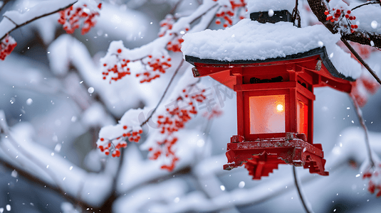 挂红灯笼摄影照片_雪地里树上挂的红灯笼13