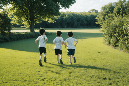 草地上奔跑的孩子摄影照片3