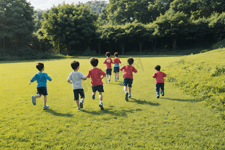 草地上奔跑的孩子摄影配图