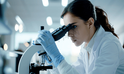 年轻女医疗科研人员使用显微镜