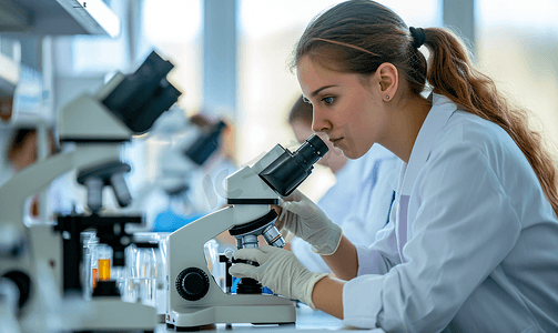 年轻女医疗科研人员使用显微镜
