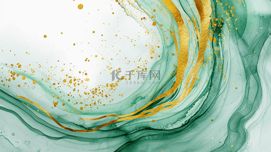 鎏金海浪沙滩背景图片_青绿色抽象水彩鎏金晕染金线纹理10图片