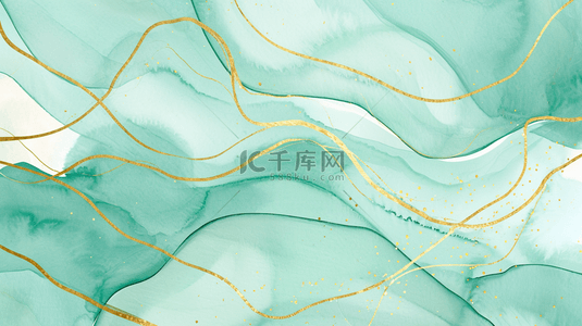 青绿色抽象水彩鎏金晕染金线纹理背景素材