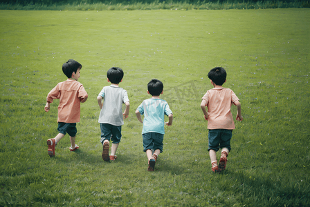 草地上奔跑的孩子摄影图2