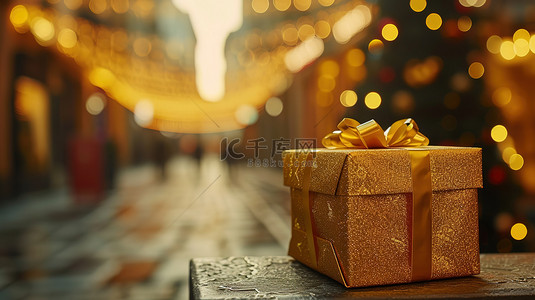金色礼盒模糊的街道背景图片