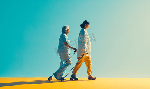行动摄影照片_护士搀扶行动不便的老人走路