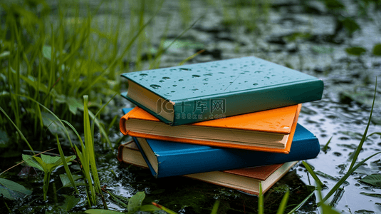 高清在水沼泽地里摆放硬皮书本的背景16
