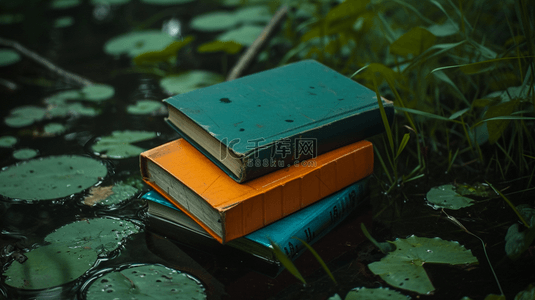 高清在水沼泽地里摆放硬皮书本的背景9