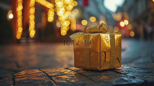 金色礼盒模糊的街道背景图