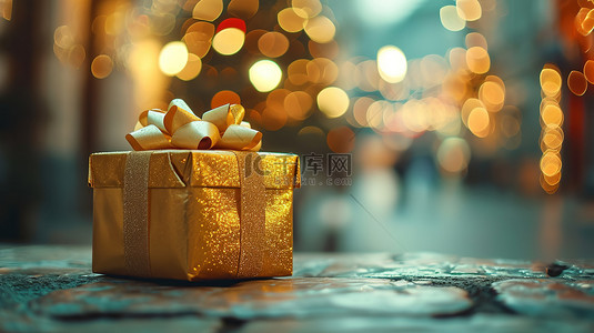 金色礼盒模糊的街道图片