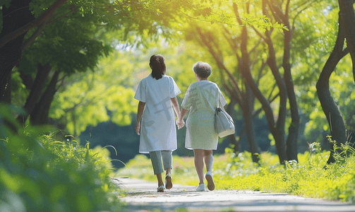 国际饮茶摄影照片_户外青年女护工指导老人康复