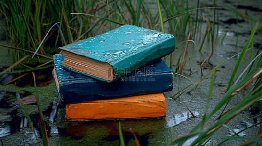 高清在水沼泽地里摆放硬皮书本的背景3