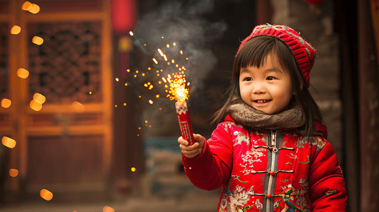 放鞭炮庆祝摄影照片_春节放鞭炮的小女孩2