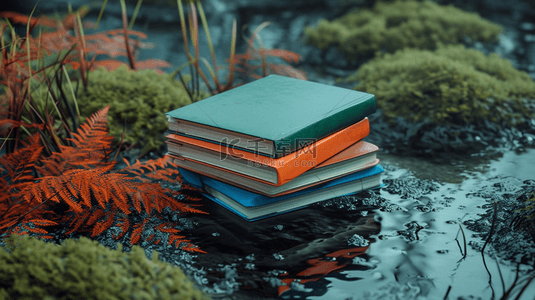 高清在水沼泽地里摆放硬皮书本的背景14