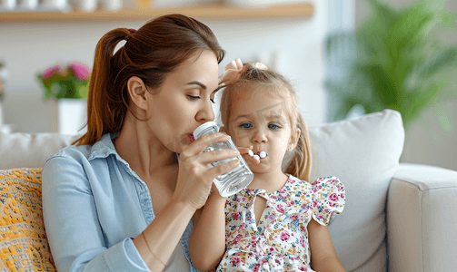 小女孩喝水摄影照片_妈妈照顾生病女儿喝水吃药