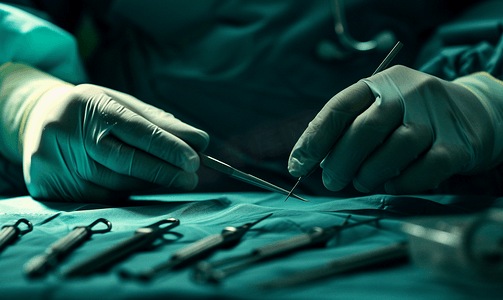 手术刀摄影照片_外科医生的手与手术刀