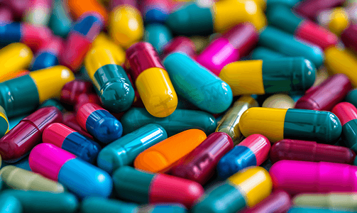 各种颜色彩色的药片和胶囊