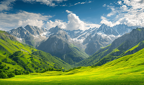 草原雪山摄影照片_阿尔卑斯山鲜绿色的草地和白雪皑皑的山峰