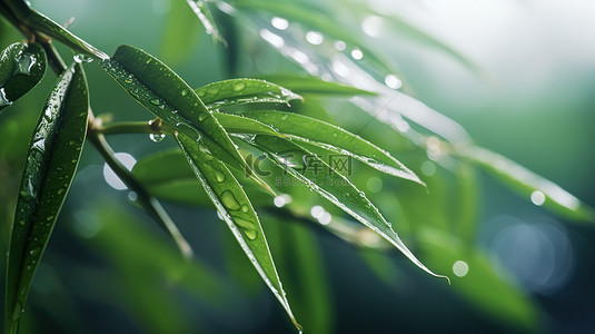 春天雨水树叶上的水滴背景