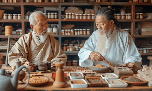 男性老人摄影照片_老中医观察中药