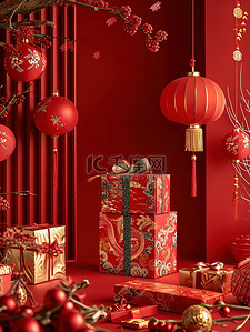 礼盒包装红色背景图片_新年礼盒包装新年春节大促背景