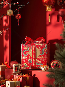 礼盒包装红色背景图片_新年礼盒包装新年春节大促图片