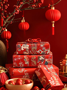 礼盒包装红色背景图片_新年礼盒包装新年春节大促背景素材