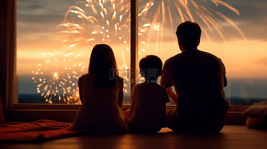 新年家庭背景图片_幸福家庭坐在地板上看烟花素材