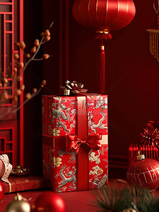 礼盒包装红色背景图片_新年礼盒包装新年春节大促素材