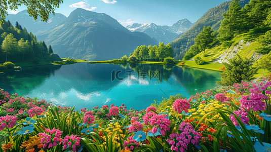 春天花朵环绕着湖泊背景图