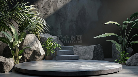 3d植物素材背景图片_岩石和植物3D电商产品展台背景素材