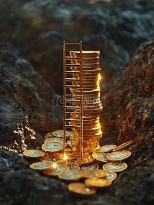 金色的梯子放在一堆金币上图片