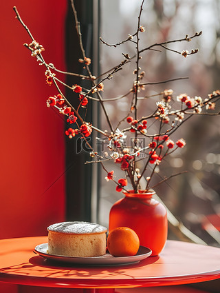 新年春节布置的桌子花瓶背景图