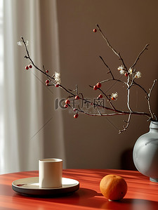 春节气氛背景图片_新年春节布置的桌子花瓶背景素材