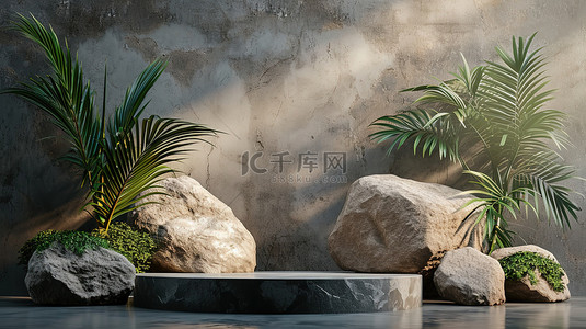 绿植背景文化墙背景图片_岩石和植物3D电商产品展台背景图