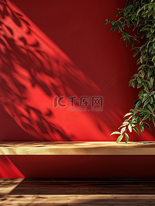 红色电商大促背景图片_红色墙壁植物电商展台设计