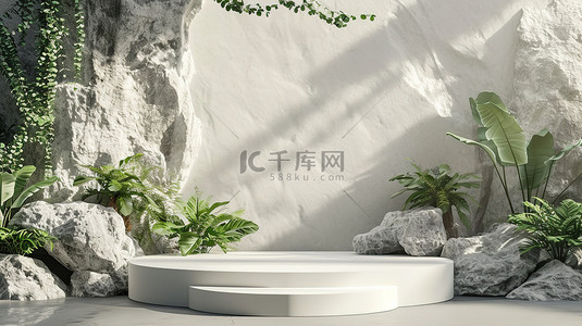 绿电商背景图片_岩石和植物3D电商产品展台背景素材