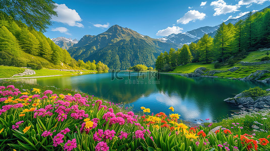 野花背景背景图片_春天花朵环绕着湖泊背景