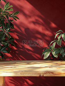 植物墙壁背景图片_红色墙壁植物电商展台背景